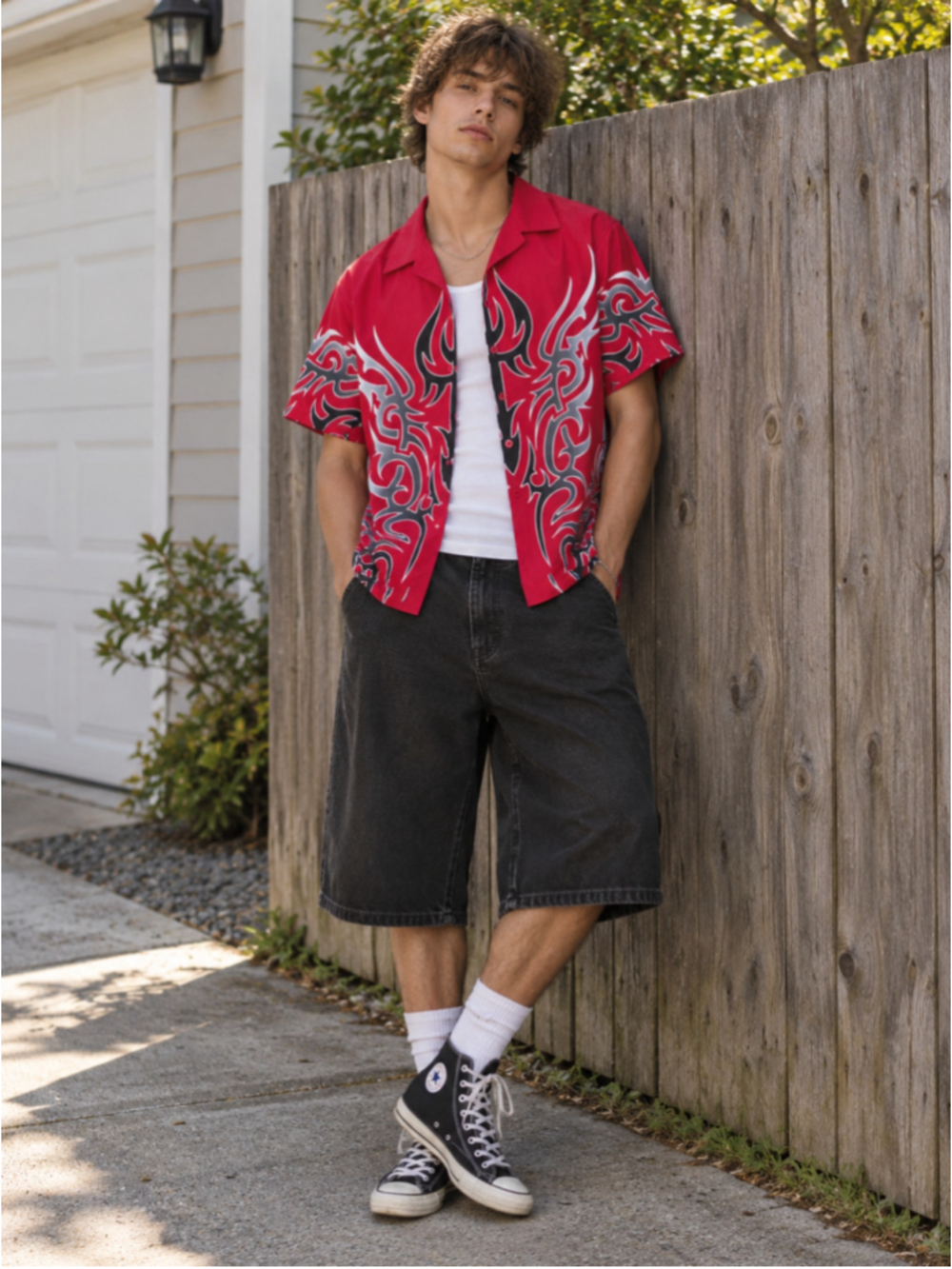 Vintage Y2K Red Black Flame Medium Button-Down Shirt Skater Streetwear Cyber